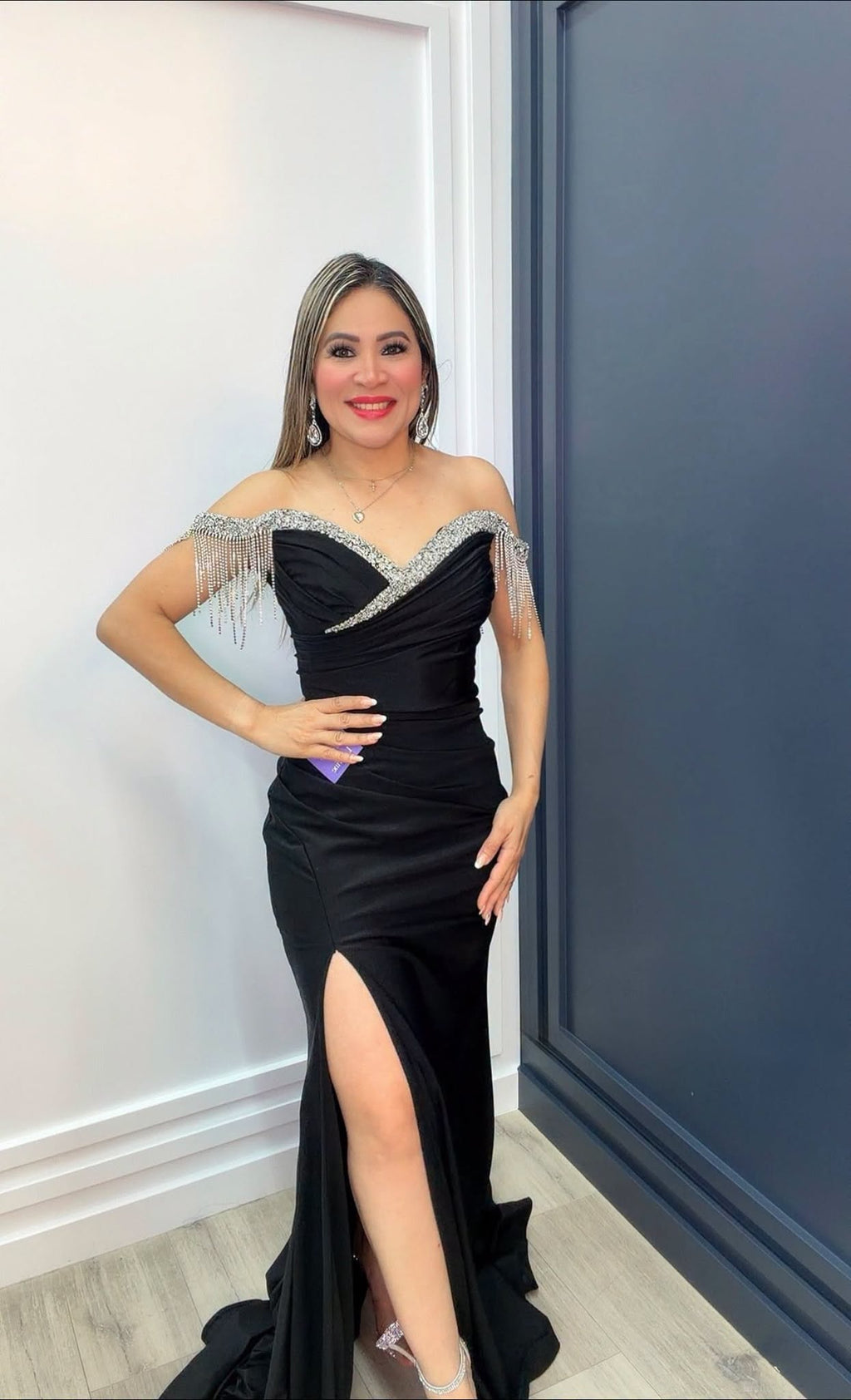 Black Elegance Rhinestone Off-Shoulder Gown