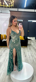 Emerald Radiance Beaded Gown