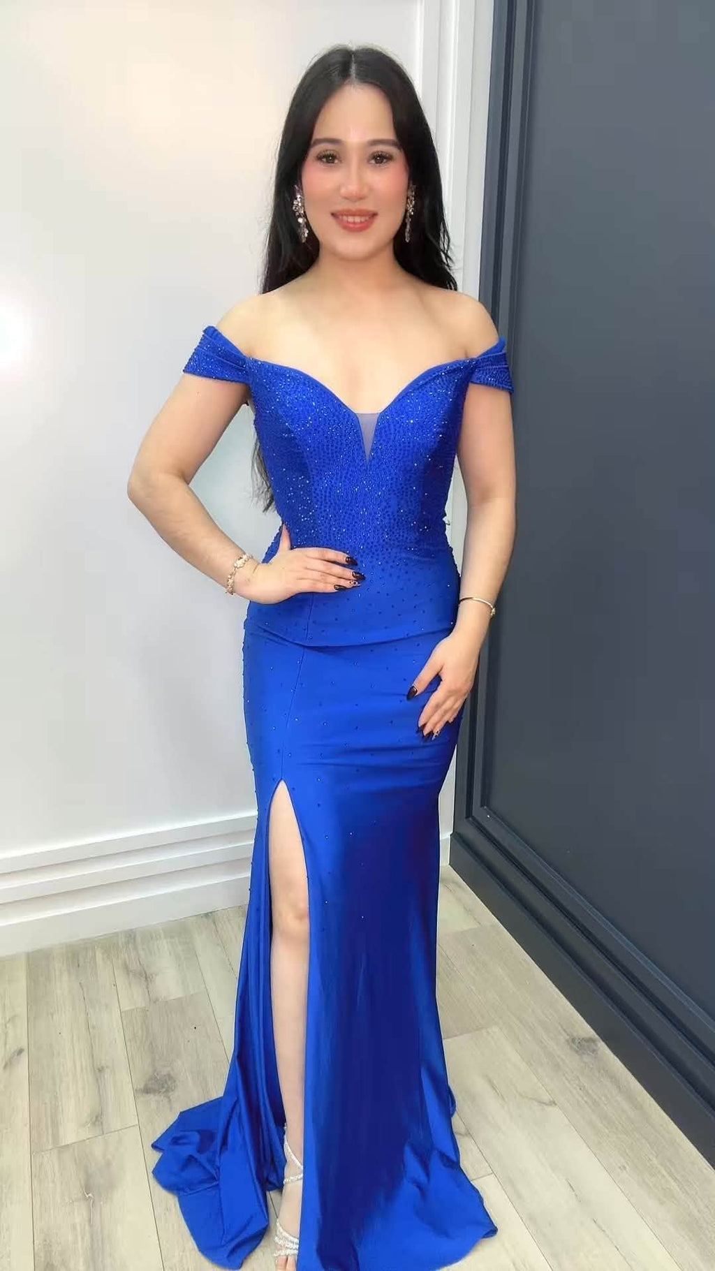 Royal Sapphire Off-Shoulder Gown