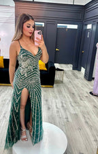 Emerald Radiance Beaded Gown