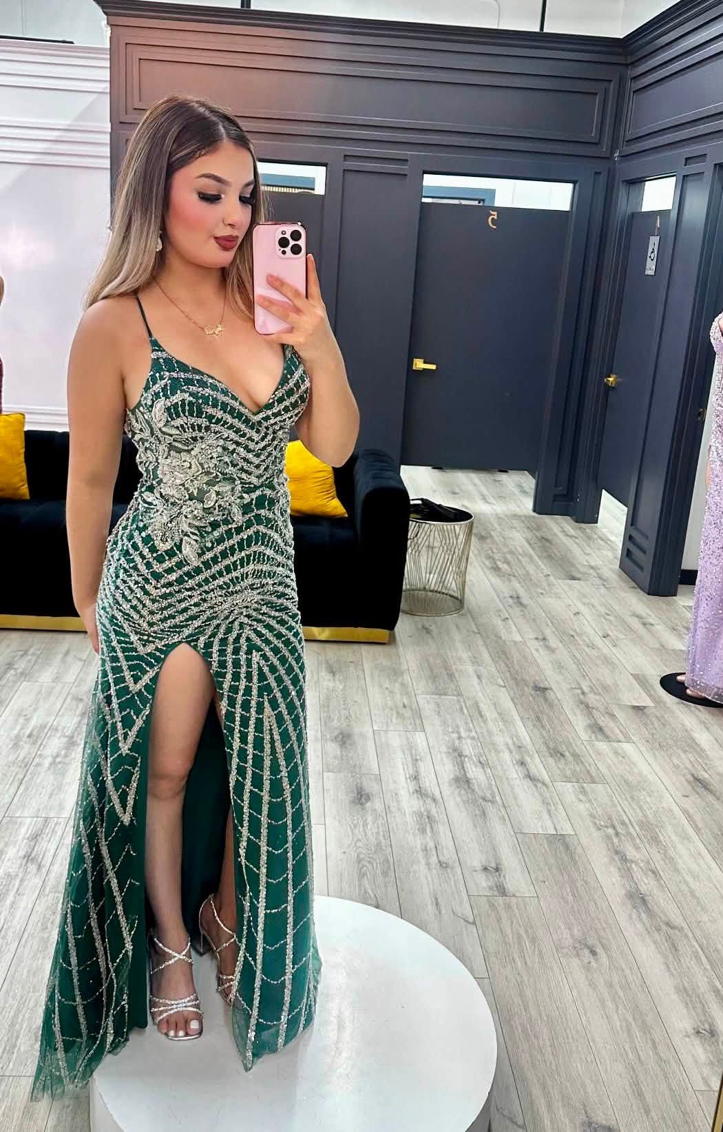 Emerald Radiance Beaded Gown