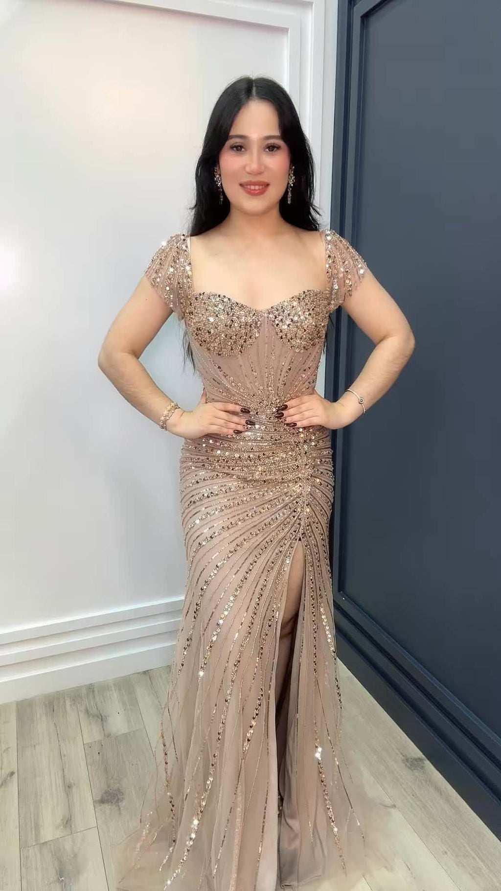 Champagne Elegance Beaded Gown