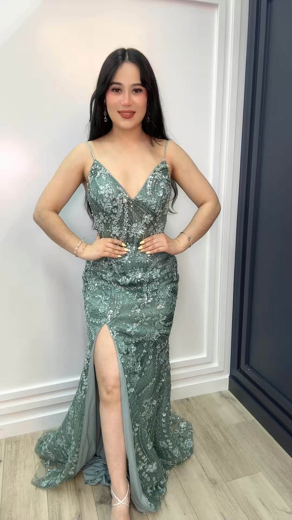 Sage Enchantment Sequin Evening Gown