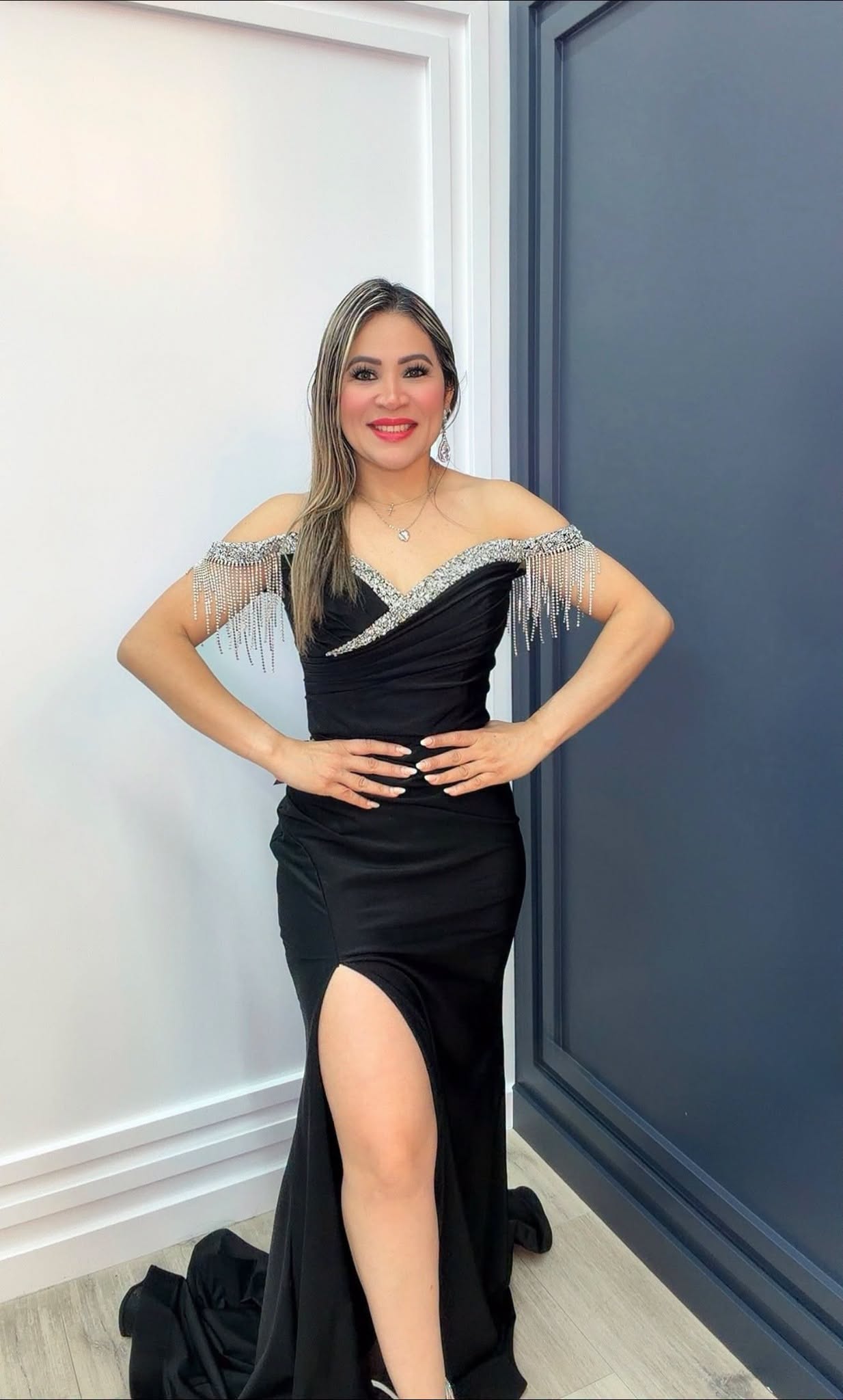 Black Elegance Rhinestone Off-Shoulder Gown
