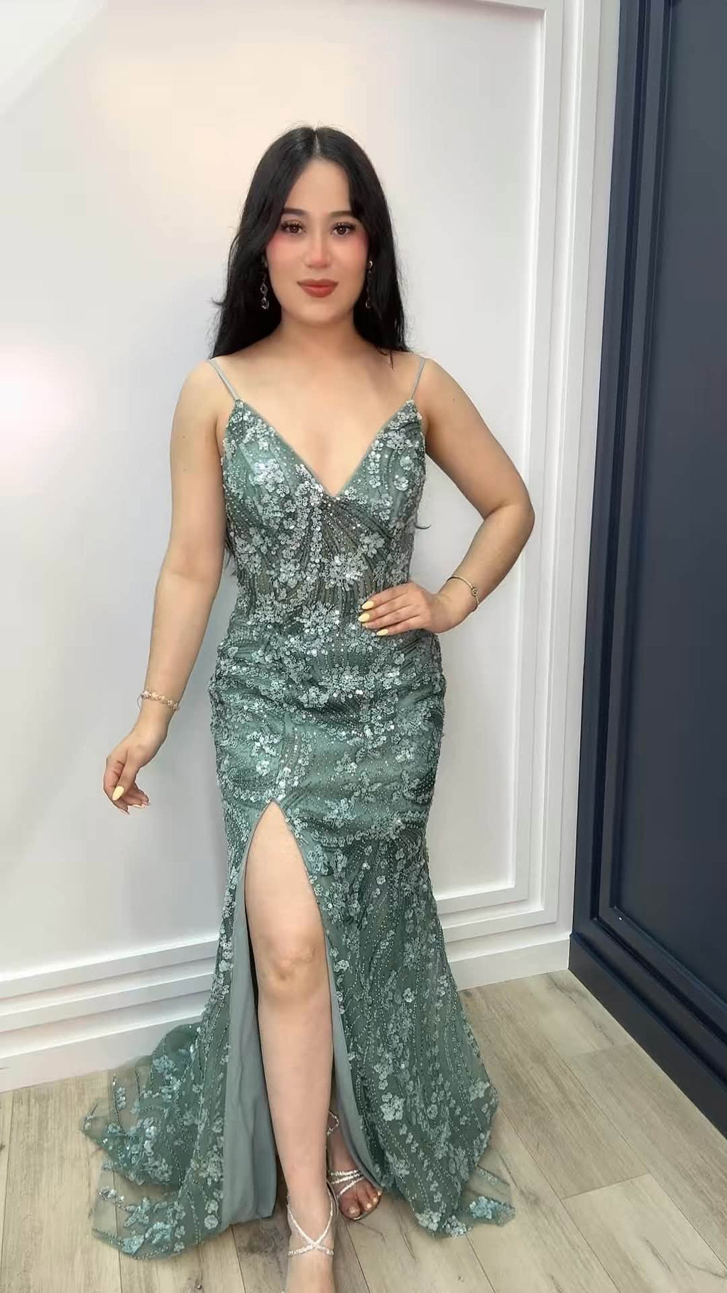 Sage Enchantment Sequin Evening Gown