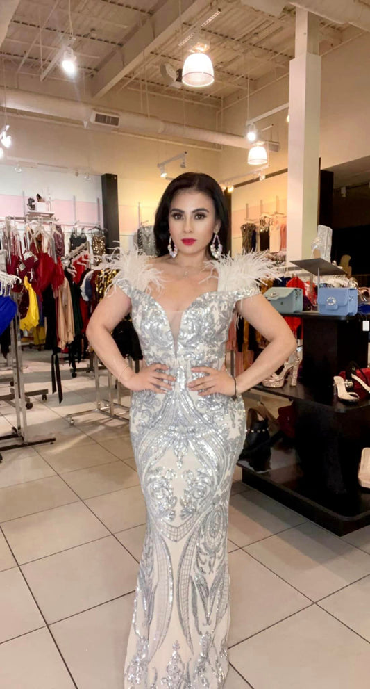 Vestido Beige con Lentejuela Platiada con Plumas