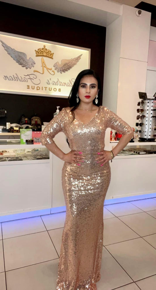 Vestido Rosa Dorado Media Manga